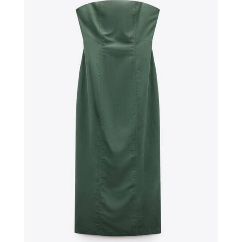 Zara Womens Green Linen Blend Strapless Midi Dress NWT XL - Picture 2 of 10
